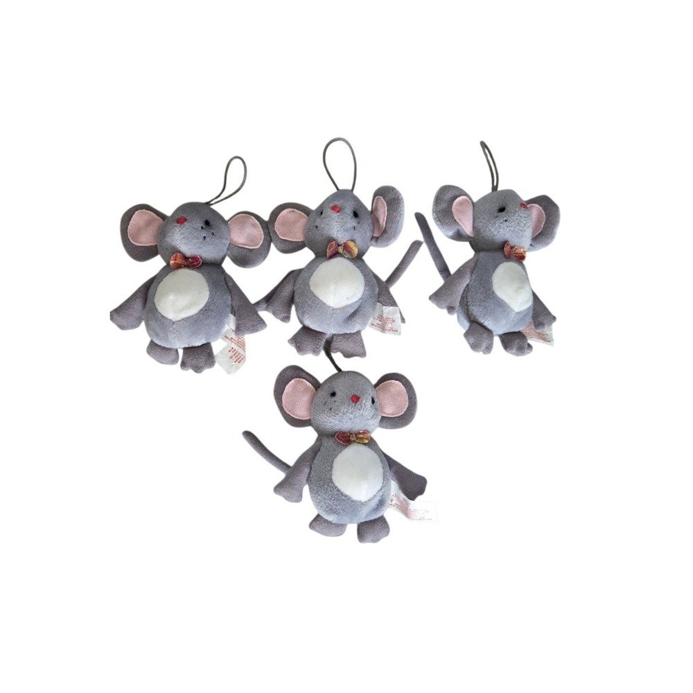 Russ Berrie Plush Mouse Ornament Lot of 4 Gray‎ Mice Christmas Tree Hangers Cute